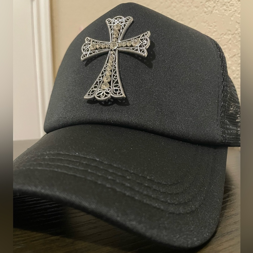New Black Trucker SnapBack Hat with Silver 2.5” Diamond Accent Cross